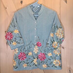 Floral Embroidered Striped Button Up‎ Blouse Mandarin Collar Top
